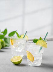 Two glasses of mojito cocktail or tonic with lemon, lime, mint and ice. Summer concept of...