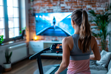 A young woman walking on a treadmill in the living room