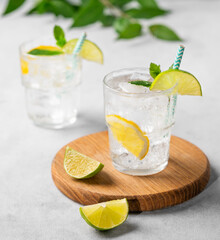 Two glasses of mojito cocktail or tonic with lemon, lime, mint and ice on a wooden board. Summer...