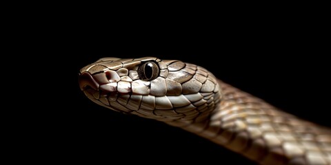Obraz premium A snake's head is shown in a black and white photo. The snake's head is the main focus of the image, and it is looking at the camera. The photo has a dark and moody atmosphere