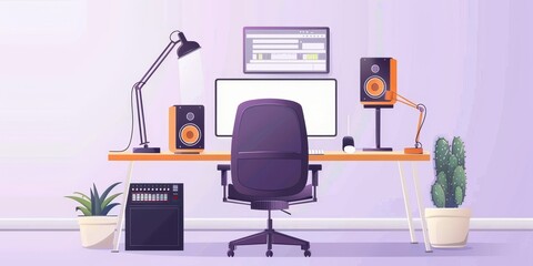 A computer desk with a chair, a monitor, a keyboard, and a mouse. A potted plant is on the left side of the desk