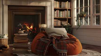 A cozy nook with a bean bag chair, a stack of books, and a warm blanket near a fireplace