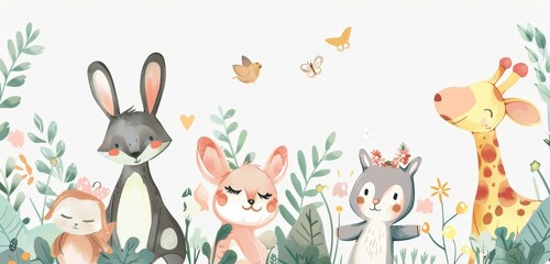 Naklejka premium A group of animals, including a rabbit, a giraffe, and a monkey, are standing in a lush green field