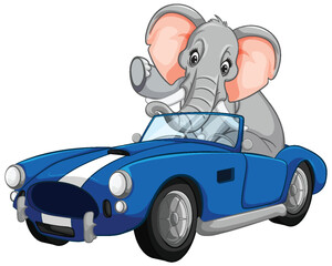 Cartoon elephant in a stylish blue convertible