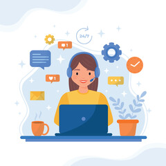 Customer service. Woman with headphones and microphone with laptop. Concept illustration for support, assistance, call center. Vector illustration in flat style