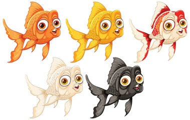 Five animated goldfish in various colors and expressions.