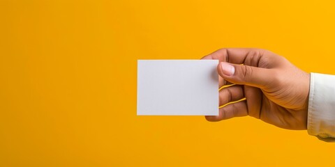 A hand holding a white business card. The card is rectangular and has a white background. The yellow background adds a pop of color to the image