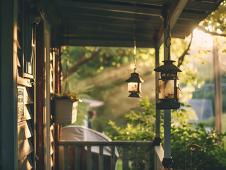 vintage lanterns hanging from a porch, with soft sunlight filtering through