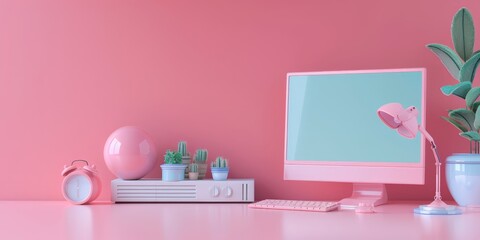 A pink computer desk with a pink computer monitor, a pink clock, and a pink lamp