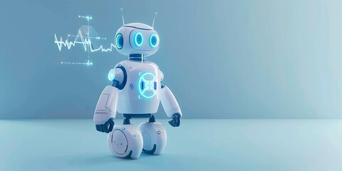 Obraz premium A robot with a heart on its chest stands in front of a wall. The robot is white and blue