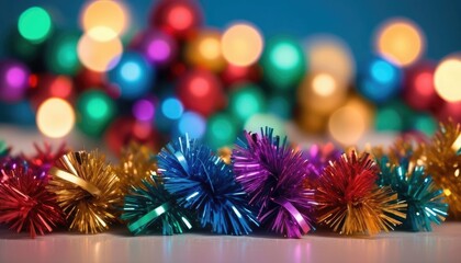 Colored Christmas tinsel on a colored blurry background