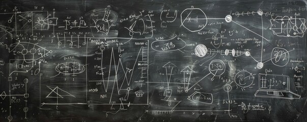 Complex mathematical formulas on blackboard