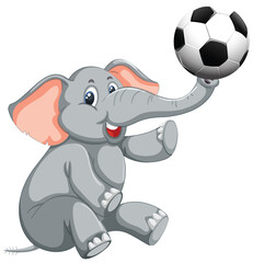 Cartoon elephant playing with a black and white soccer ball