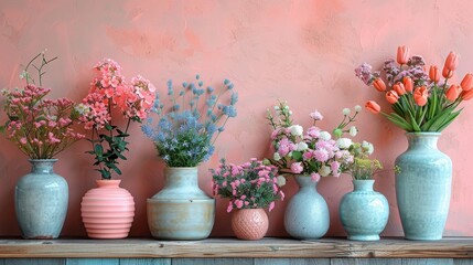 A line of vases showcasing a variety of vibrant colored flowers in bloom