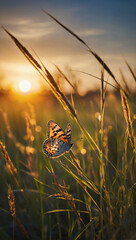Golden Hour Field, Soft-Focus Grass and Fluttering Butterfly in Abstract Sunset Scene
