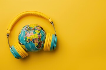World music day concept. Stereo headphone and a globe on a yellow background.Top view and copy space with generative ai