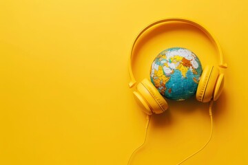 World music day concept. Stereo headphone and a globe on a yellow background.Top view and copy space with generative ai