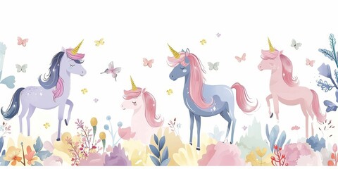 A line of four unicorns with butterflies in the background. The unicorns are in a field of flowers and the butterflies are flying around them