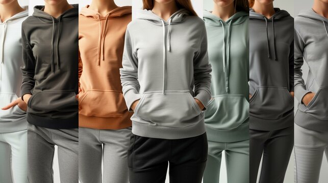 Athleisure concept, group of women wearing different colored hoodies their hands in pockets, street style urban fashion sportswear activewear loungewear