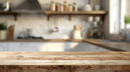Fototapeta na wymiar Empty beautiful wood table top counter and blur bokeh modern kitchen interior background