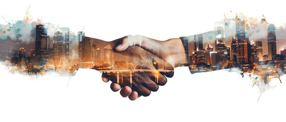 Business handshake, isolated on white or transparent background, double exposure