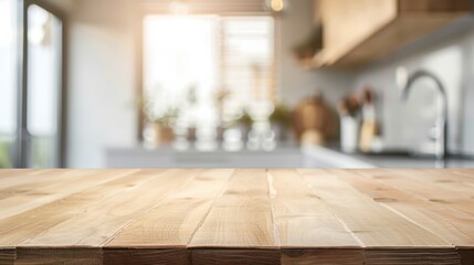 Empty beautiful wood table top counter and blur bokeh modern kitchen interior background - Powered by Adobe