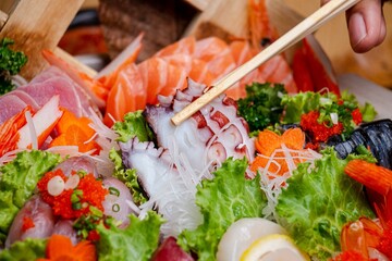 authentic japanese sashimi platter ，fresh sashimi set on ice, Japanese food japanese style