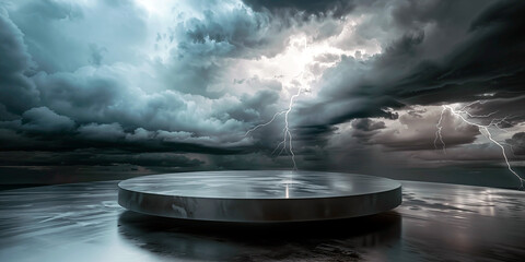 Futuristic empty metal podium against a stormy sky with lightning, with a complementary background.