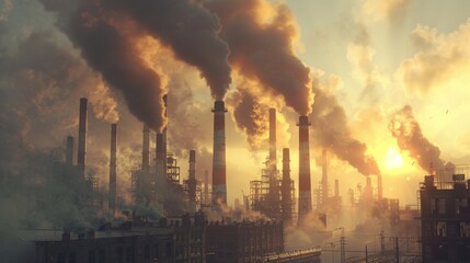 Obraz premium Sunset backdrop illuminating an industrial landscape, with smokestacks emitting dense smoke