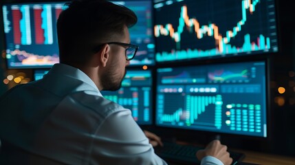 Diligent businessman analyzing real-time stock market data on digital tablet in modern office setting