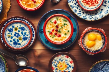 
An artistic overhead shot of Rice Pudding served in vintage ceramic bowls, arranged on a colorful patterned tablecloth