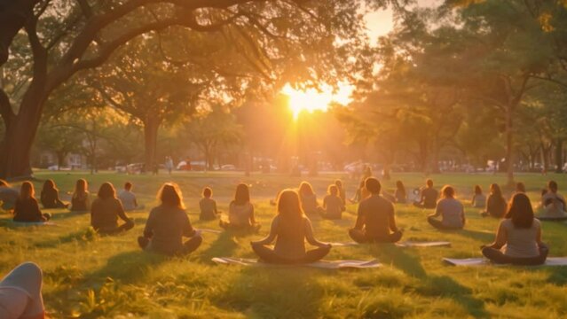 A serene yoga class at sunset, with participants of varying ages and ethnicities practicing poses in a peaceful park.