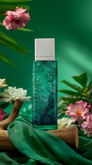 Product photography, green glass perfume bottle with matte texture and white metal cap on wooden branch surrounded by flowers and plants.