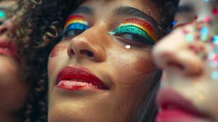  Closeup of diverse faces with colorful makeup and lipstick, celebrating pride in the streets during an urban celebration