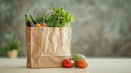 paper bag with groceries, empty background.