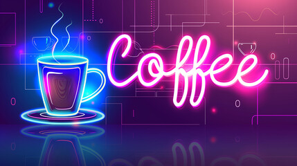 Coffee name board made of very beautiful neon light. A billboard lit up at night.