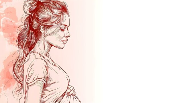 Pregnant woman line art sketch on white background for MidwifeMedical Worker Day. Concept Midwife Day, Line Art Sketch, Pregnant Woman, White Background, Medical Worker