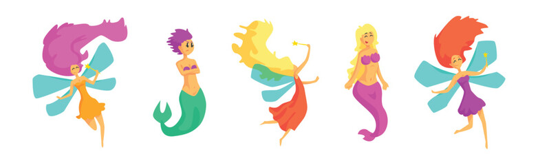Mermaid with Fish Tail and Flying Fairy with Wing Vector Set