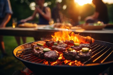 Barbecue grill with friends, flipping burgers and sharing stories as the aroma of grilled food fills the air, a quintessential summer food experience.