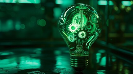 3D rendering of a light bulb made of glass and metal with glowing green gears inside. Green light is reflecting on the surface of the table.