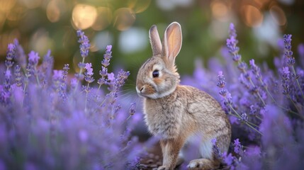Fototapeta premium Cute bunny in a lavender field.