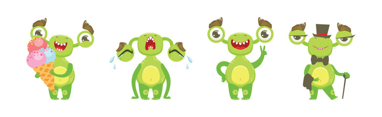 Obraz premium Green Monster Creature Engaged in Different Activity Vector Set