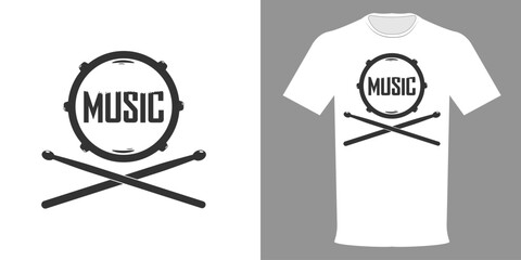 Vector illustration of a T-shirt Drums with the inscription MUSIC. Band typographic logo