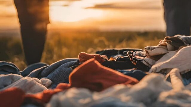 pile of textile fabric clothes for recycling. clothing industry pollution. reuse of garment, fast fashion concept