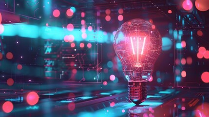 The image is a glowing light bulb. The bulb is surrounded by a dark background with colorful bokeh lights.