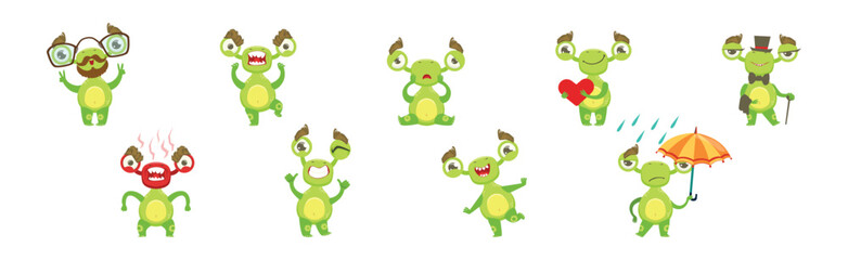 Green Monster Creature Engaged in Different Activity Vector Set