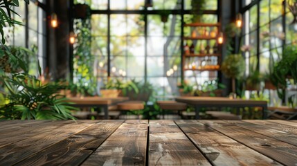 The image shows a beautiful view of nature. There is a wooden table in the foreground, with a lush green background of plants and trees. The image is very calming and peaceful.