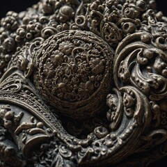 Close-up of intricate details on a sculpture from a Renaissance exhibit.
