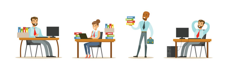Business Man and Woman Worker and Staff Perform Office Duty Vector Set