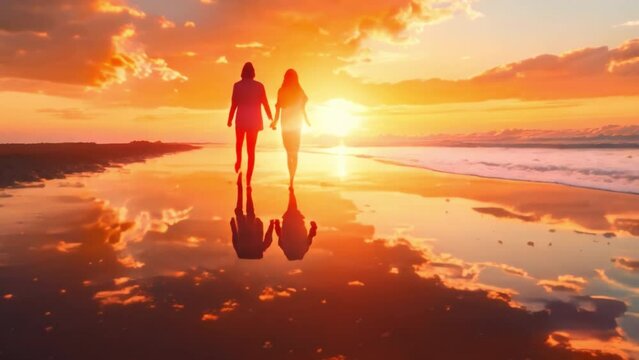 Couple holding hands and walking on a quiet beach at sunset, reflecting a lifetime of love and companionship.